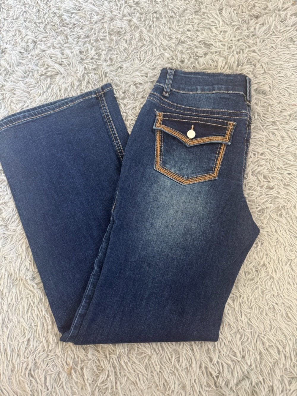 Boot-Cut Stretch Jeans in Dark Blue with Accent Back Pocket